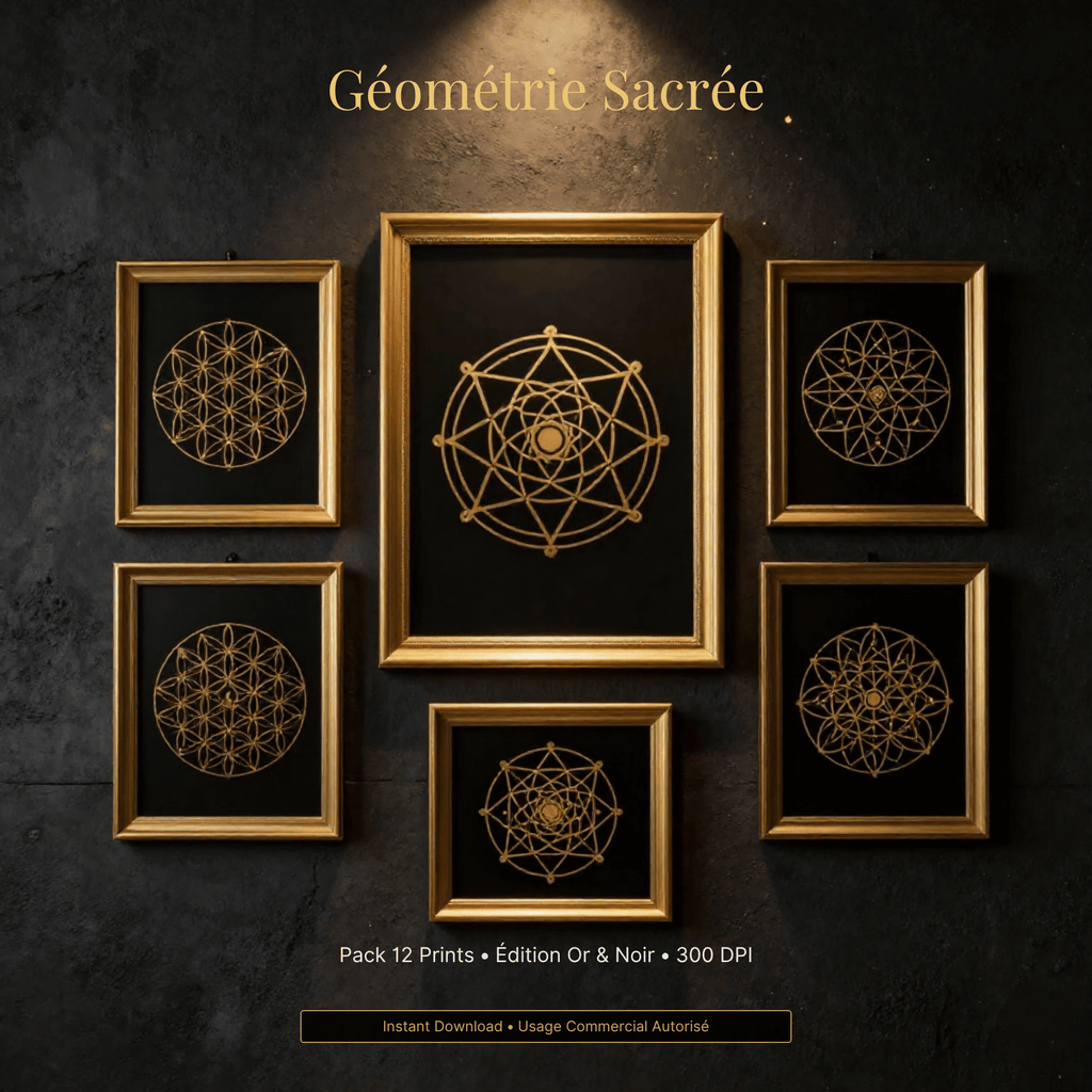Pack 12 Prints Géométrie Sacrée - Or & Noir Profond - Haute Résolution (21,90 USD / 30,00 CAD)