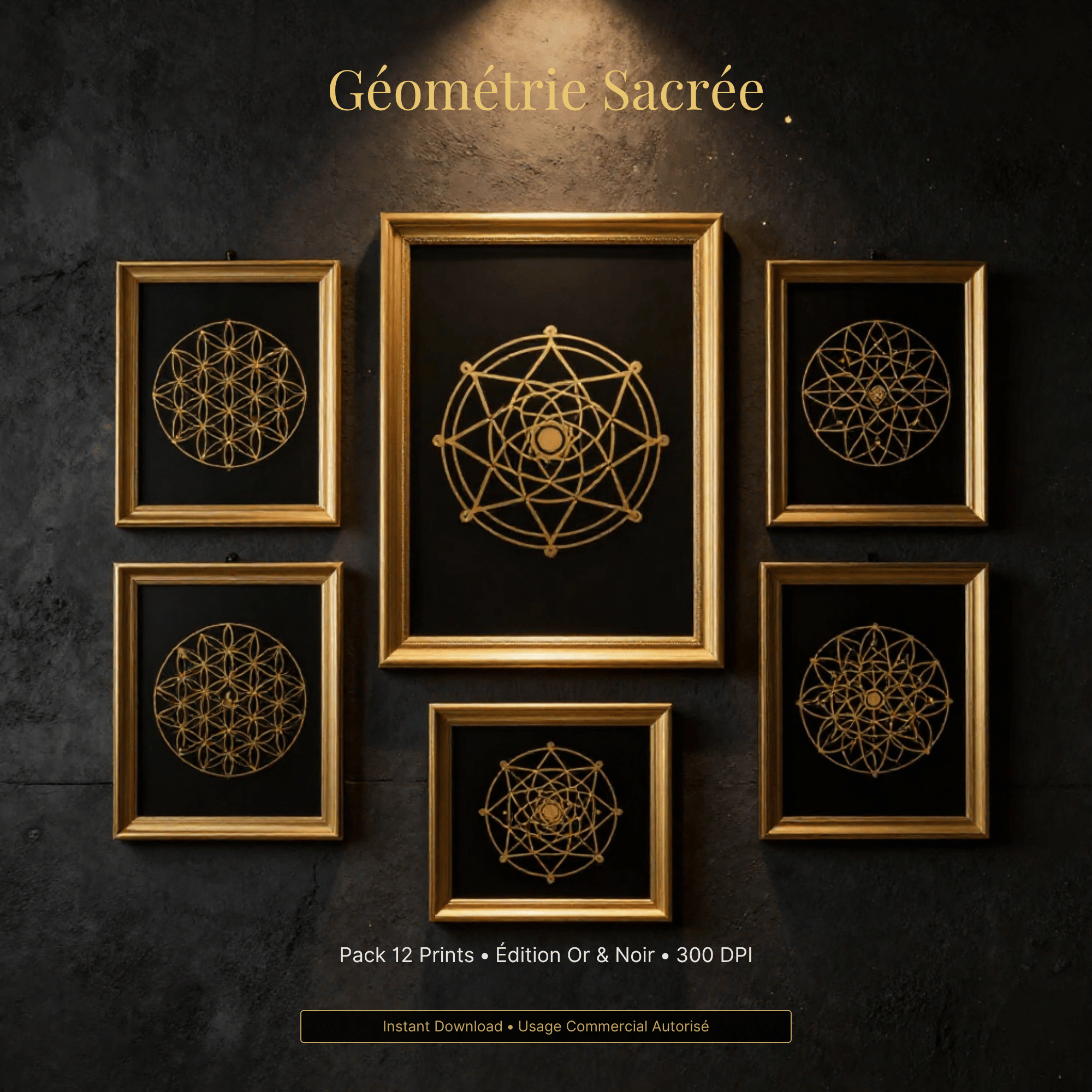 Pack 12 Prints Géométrie Sacrée - Or & Noir Profond - Haute Résolution (21,90 USD / 30,00 CAD)