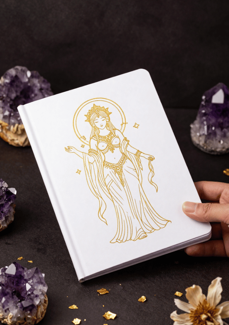 Livre de coloriage Divine Féminine — couverture avec déesse dorée et cristaux d'améthyste