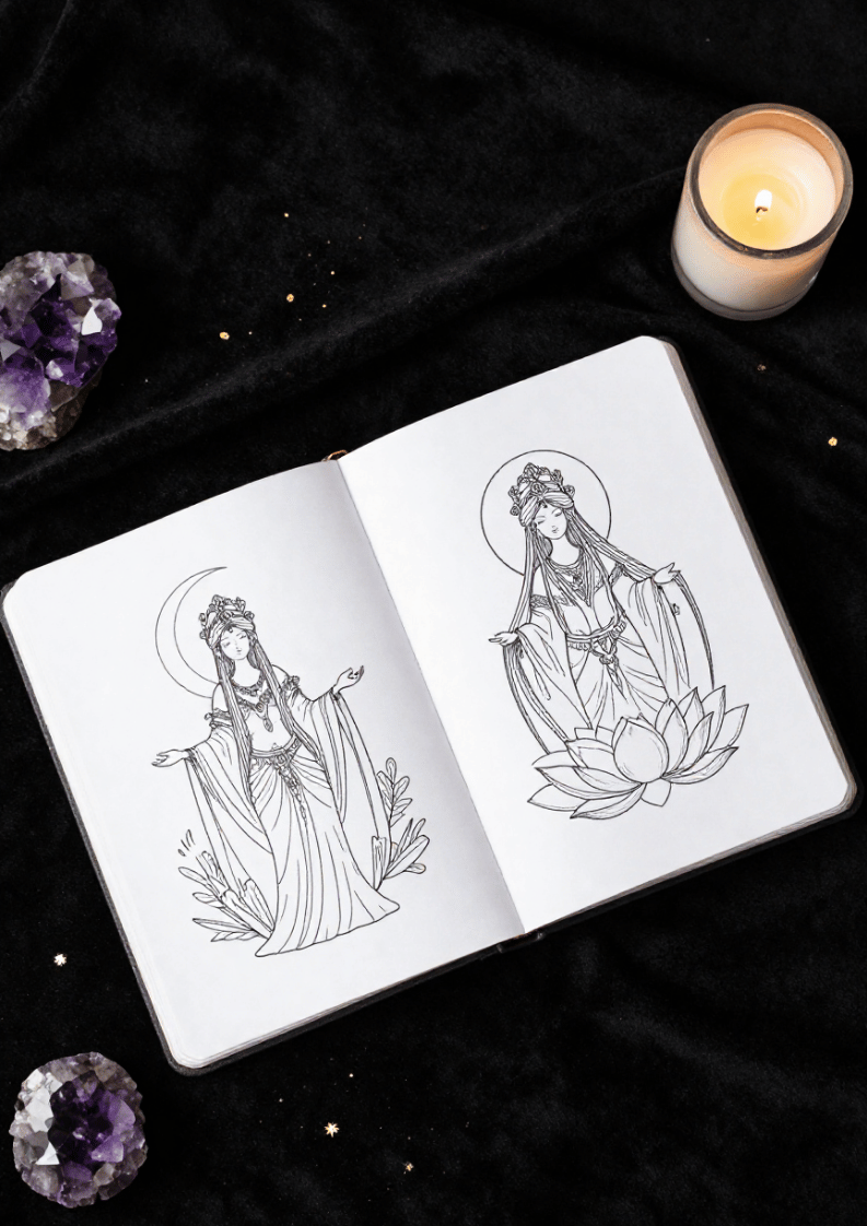 Livre de coloriage Divine Féminine — pages ouvertes avec illustrations de déesses sacrées