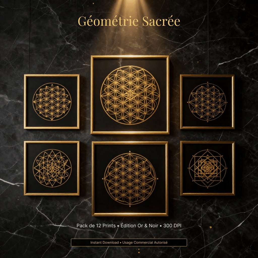 Pack 12 Prints Géométrie Sacrée - Or & Noir Profond - Haute Résolution (21,90 USD / 30,00 CAD)