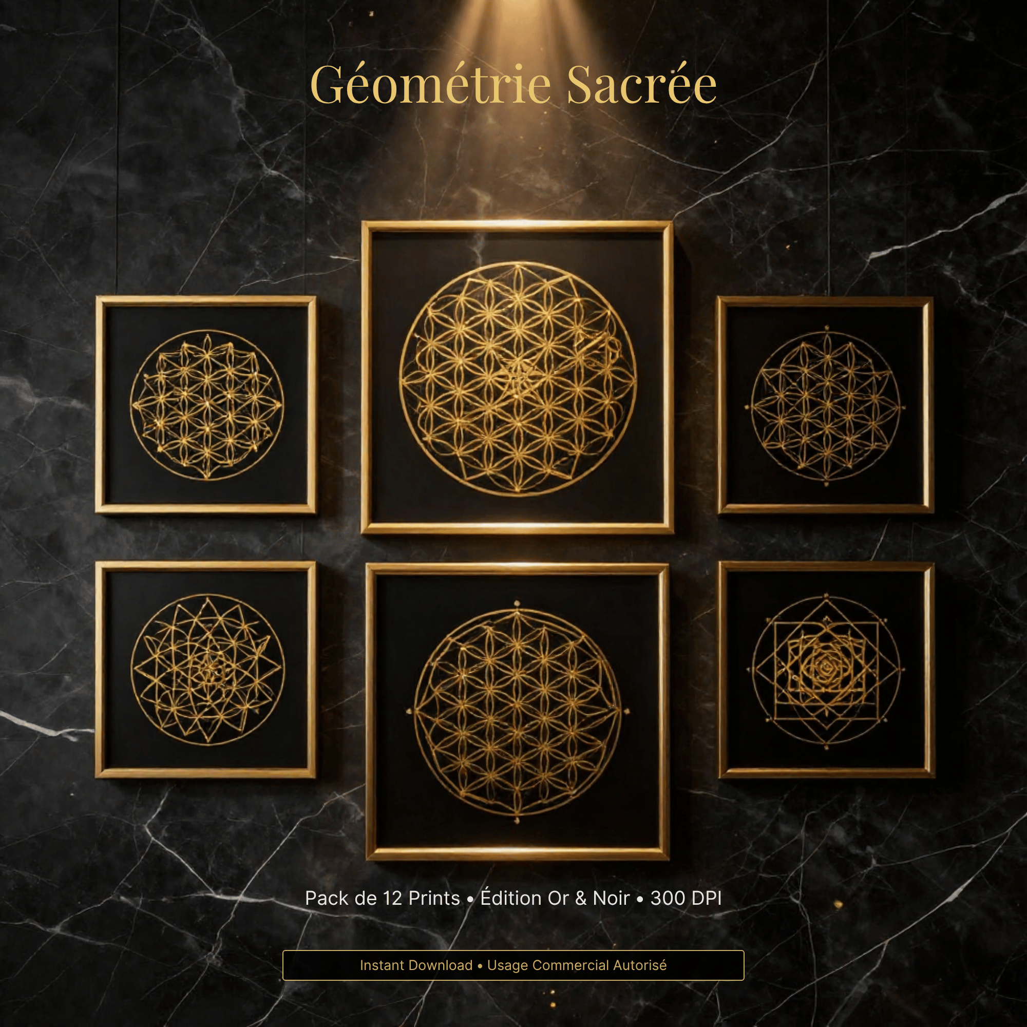 Pack 12 Prints Géométrie Sacrée - Or & Noir Profond - Haute Résolution (21,90 USD / 30,00 CAD)