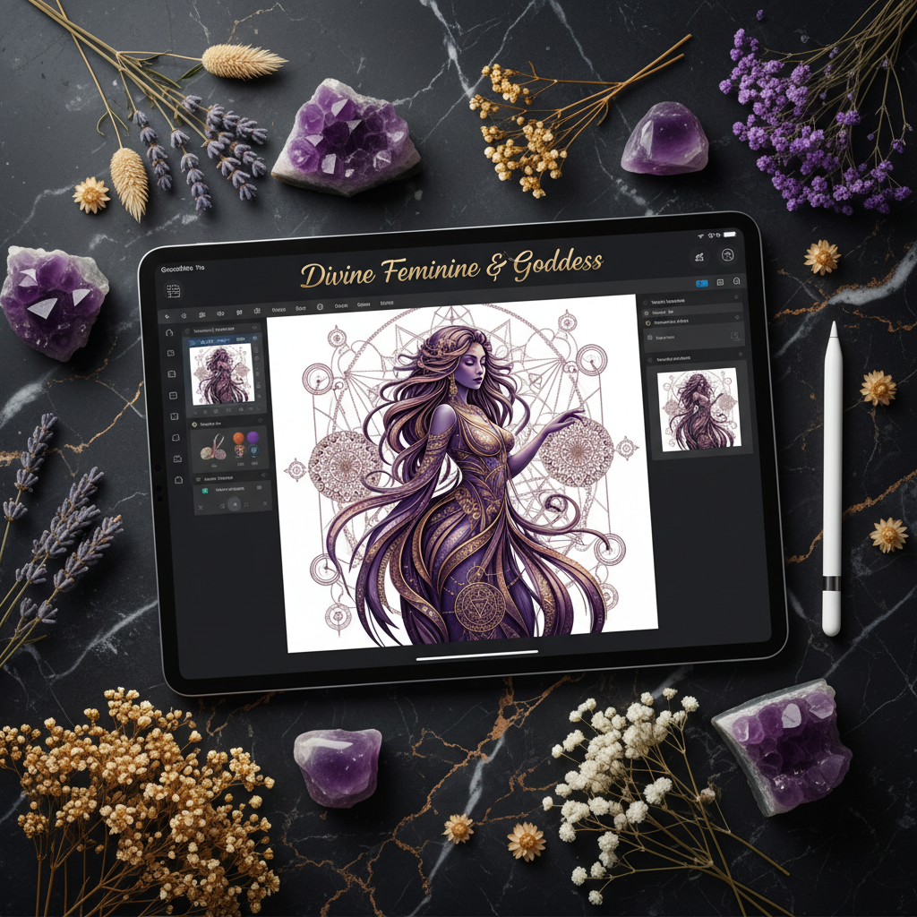 Livre de Coloriage Divine Feminine & Goddess - Vue iPad GoodNotes - ArtsAcréNumérique